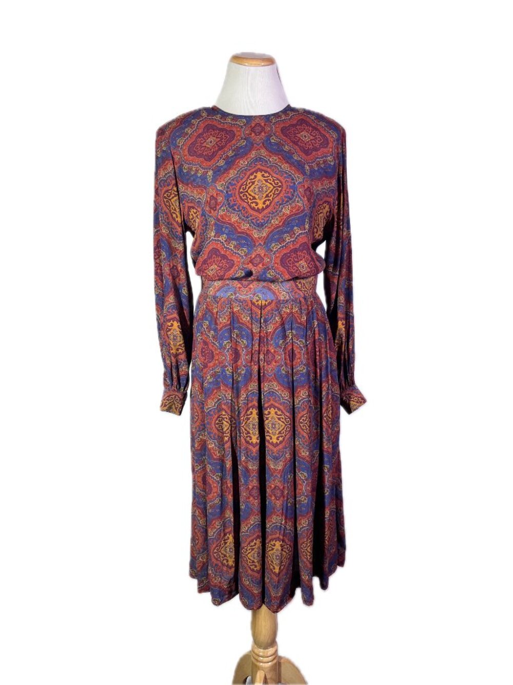 Vintage 1980s Liz Claiborne Paisley Blouse and Skirt Set 2-Piece Pleated
